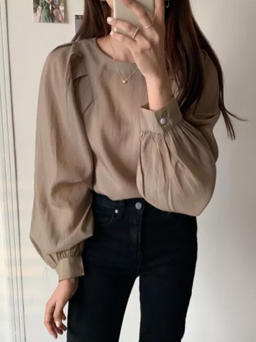 Autumn Blouse O-neck Puff Sleeve Full-Sleeved Simple Loose Solid Shirts