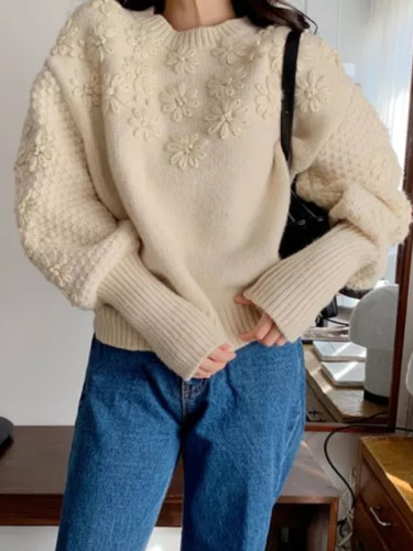 Women Vintage Loose Knit Lantern Sleeve Sweater
