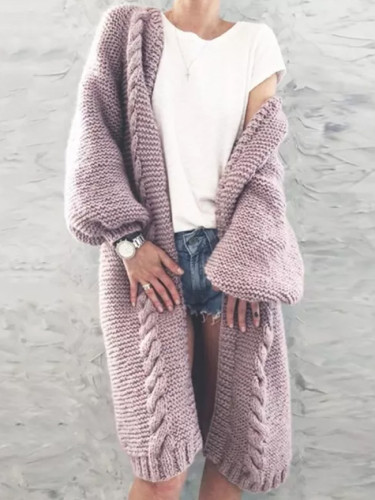 Women Autumn Winter Long Puff Sleeve Knitted Cardigan Warm Soft Solid Color Long Coat