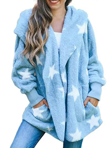 Women's Casual Stars Pockets Oversized Faux Fur-Fuzzy Hooded Outerwear Coat