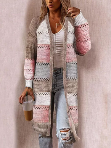 Women Long Sleeve Striped Patchwork Sweater Female Casual Long Cardigan