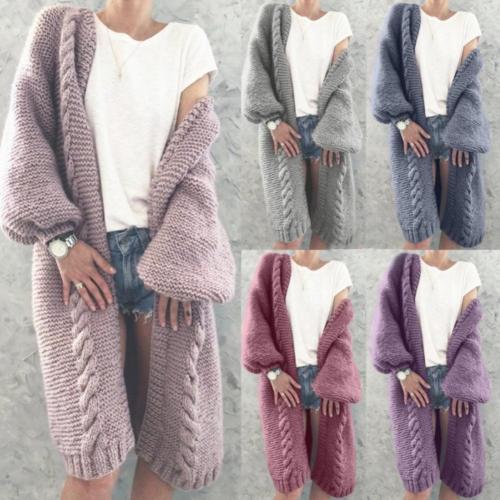 Women Autumn Winter Long Puff Sleeve Knitted Cardigan Warm Soft Solid Color Long Coat