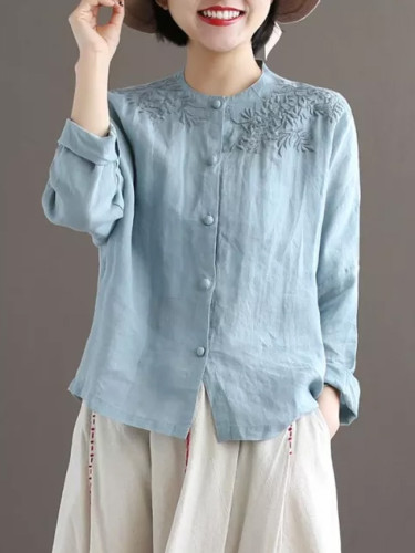Women Long Sleeve O-neck Loose Vintage Embroidery Cotton Linen Shirts