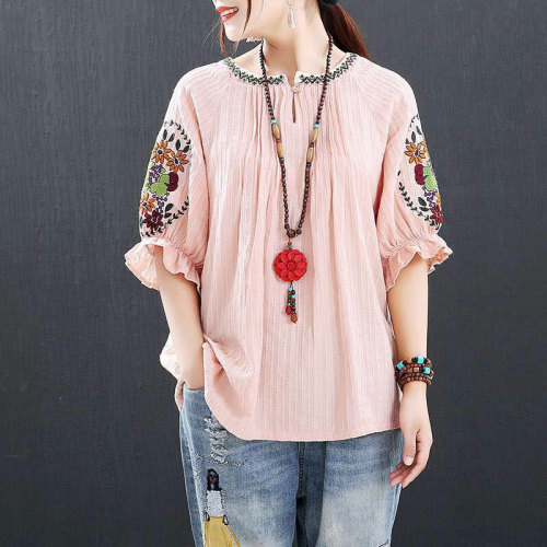 Floral Embroidery Loose Femme Cotton Vintage Shirts