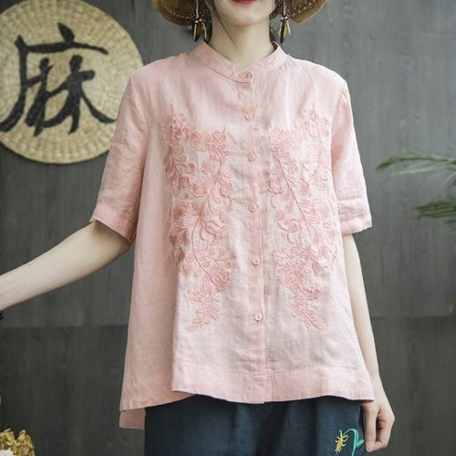 Short Sleeve Loose Embroidery Cotton Linen Ladies T-shirts
