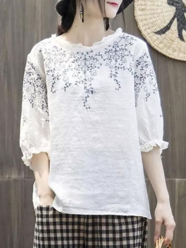 Loose Vintage Embroidery Tee Cotton Linen T-shirts