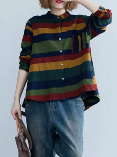 Women Shirt Long Sleeve Cotton Striped Blouse