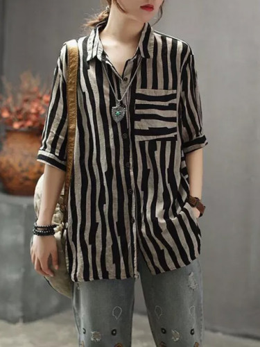 Vintage Striped Linen Turn-down Collar Loose Casual T-shirts