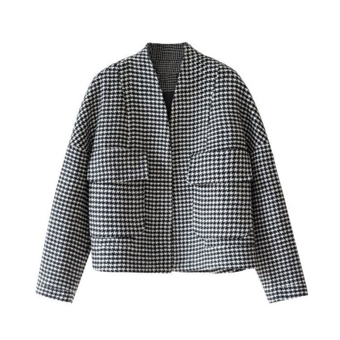 Loose Short Jacket Thicken Plaid Woolen Coats Double Pocket Cardigan Vintage Coat