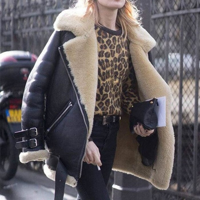 Lady Leather Velvet Stand Collar Warm Coat
