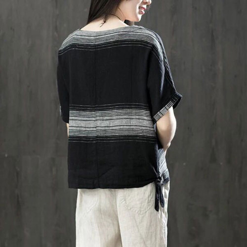 Loose Batwing Sleeve Tee Cotton Striped Vintage Shirt