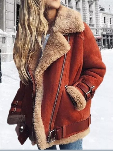 Lady Leather Velvet Stand Collar Warm Coat