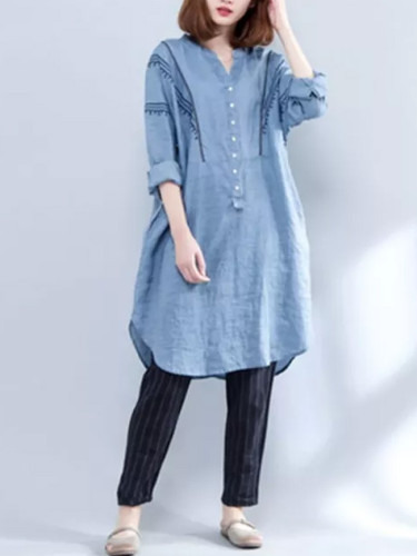 Women Clothing Vintage Embroidery Cotton Linen Long Shirts Loose V-neck Blouses