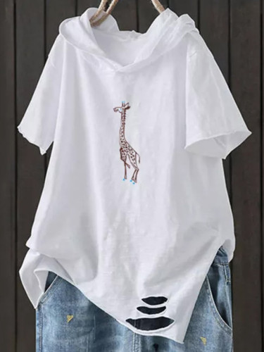 Loose Casual Hooded Hole Cotton Print T-shirts