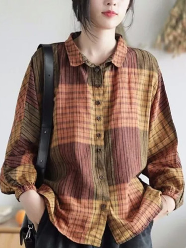 Batwing Sleeve Loose Casual Plaid Blouse Vintage Cotton Linen Shirts Womens Tops
