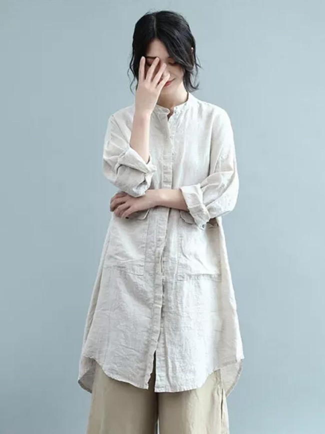 Stand Collar Loose Casual Long Shirt Double Pocket Cotton Linen Vintage Blouses