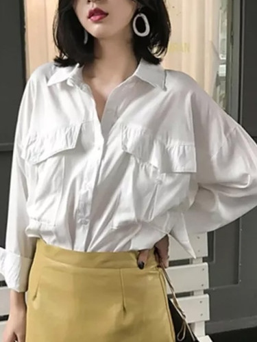 Women Long Sleeve Loose double pocket Casual Shirt