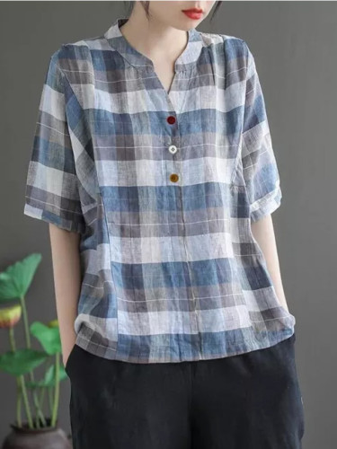 Women V-neck Short Sleeve Casual Cotton Linen Plaid T-shirts
