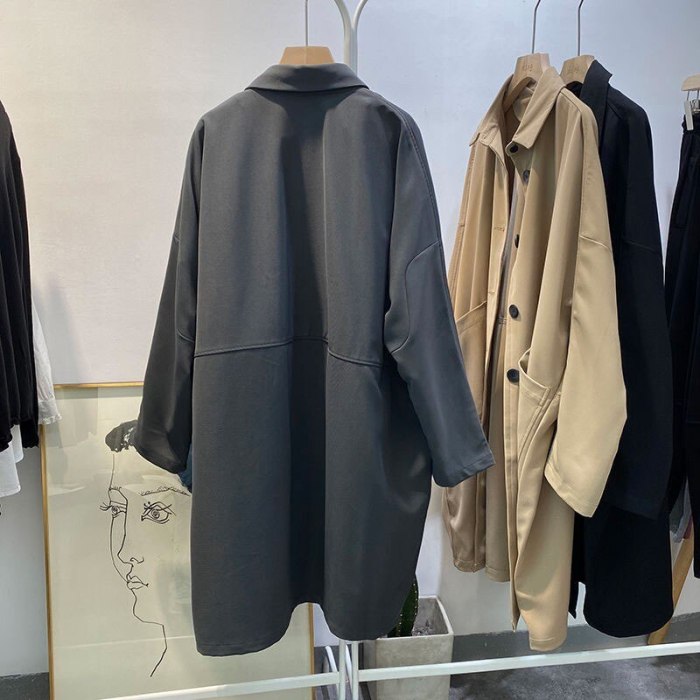 Long Sleeve Turn-down Collar Casual Trench Coat Single Breasted Loose Long Trench