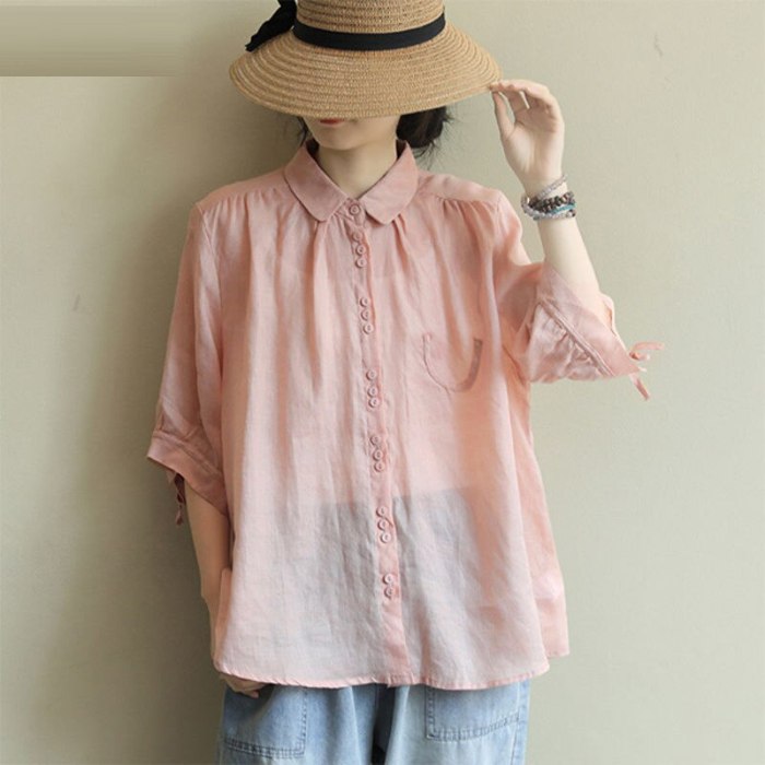 Half Sleeve Loose Casual Shirts Turn-down Collar Single-breasted Cotton Blouse