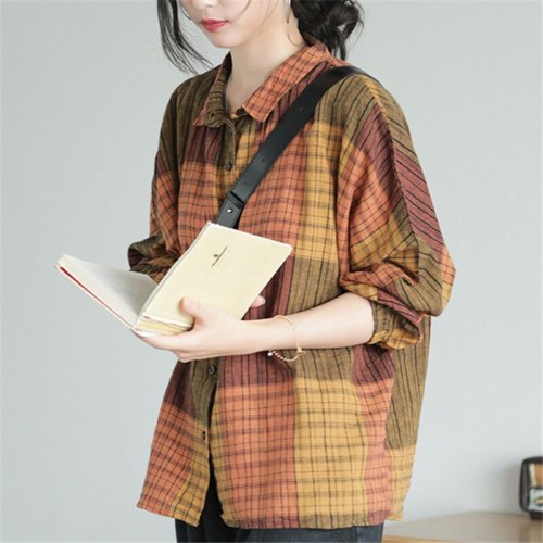 Batwing Sleeve Loose Casual Plaid Blouse Vintage Cotton Linen Shirts Womens Tops