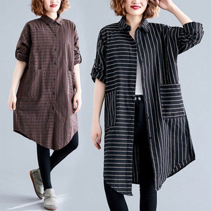 Loose Casual Long Blouses Double Pocket Cotton Striped Shirts