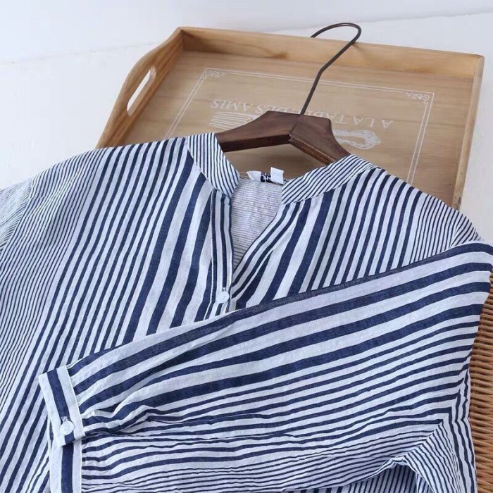 V-neck Casual Blouses Cotton Linen Striped Vintage Shirts