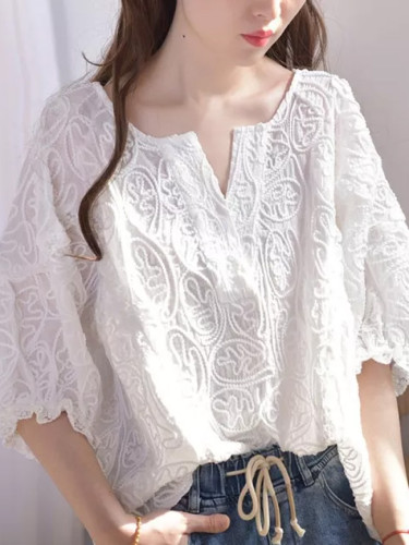 Fashion Women V-neck Loose Embroidery Lace Blouse