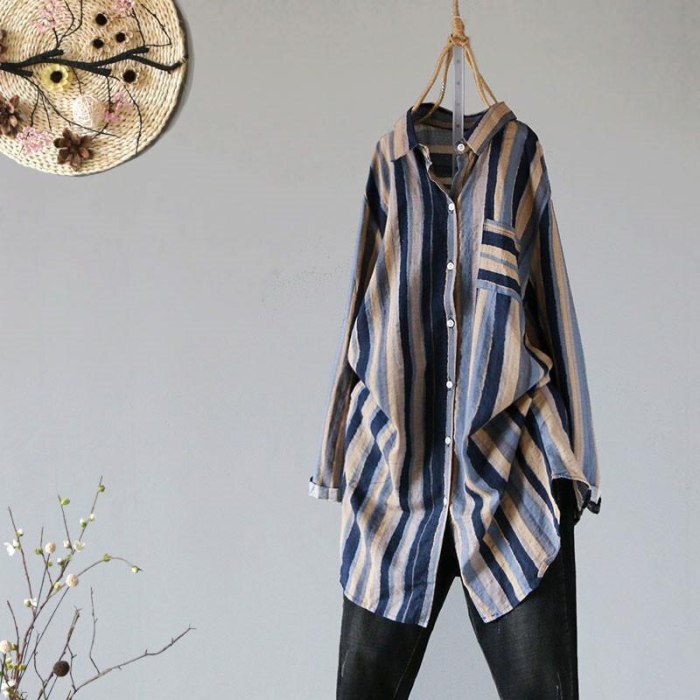 Long Sleeve Loose Casual Cotton Linen Blouse Vintage Striped Ladies Long Tops