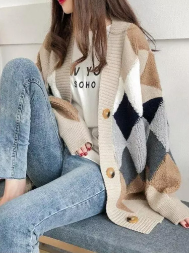 Long Sleeve Sweaters Autumn Knitted Cardigans Women Casual Plaid V-Neck Loose Sweater Femme Knitted Coat