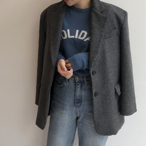 Long Sleeve Loose Casual Warm Thick Turn-down Collar Plaid Woolen Coat