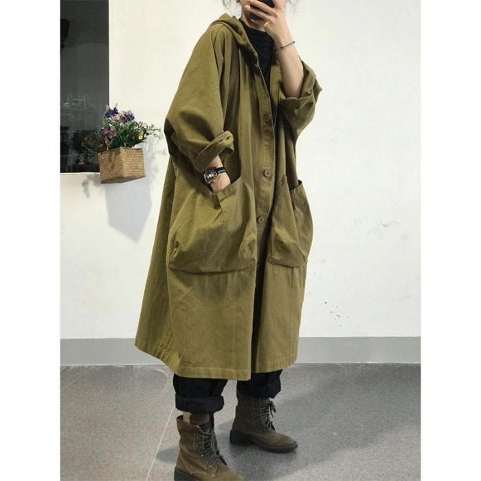 Loose Hooded Trench Coat All-matched Casual Single Breasted Long Trench Coat