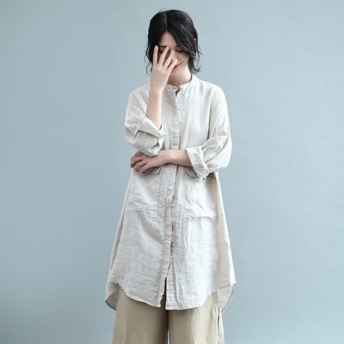 Stand Collar Loose Casual Long Shirt Double Pocket Cotton Linen Vintage Blouses