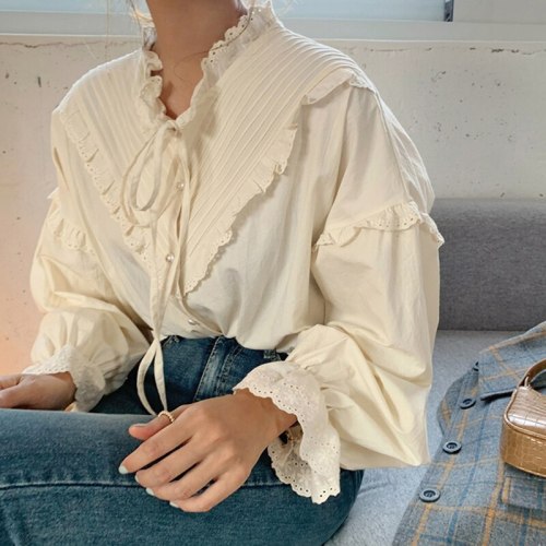 Fashion Puff Sleeve Loose Women Shirts Lace Patchwork Vintage Blouse