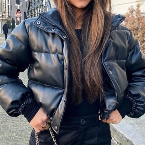 Black Short parkas PU Leather Jacket Ladies Solid Casual Outwear