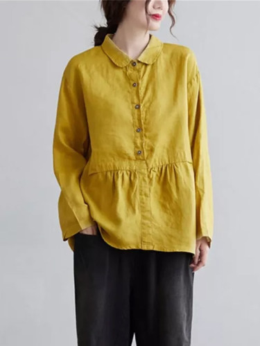 Women Turn-down Collar Loose Yellow Shirt All-matched Casual Cotton Linen Blouse