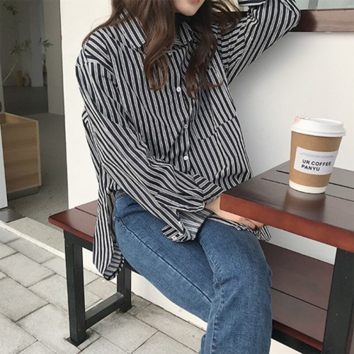 Long Sleeve Turn-down Collar Shirt Cotton Loose Casual Striped Korean Blouse