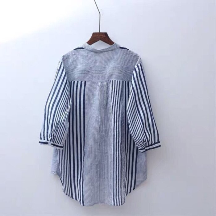 V-neck Casual Blouses Cotton Linen Striped Vintage Shirts