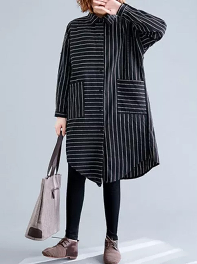 Loose Casual Long Blouses Double Pocket Cotton Striped Shirts