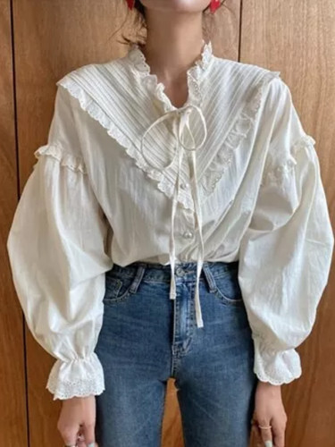 Fashion Puff Sleeve Loose Women Shirts Lace Patchwork Vintage Blouse