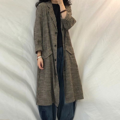 Loose Striped Long Trench Coat Single Breasted Cotton Linen Vintage Coats