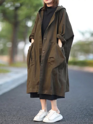 Single Breasted Hooded Long Coat Big Pocket Loose Casual Solid Trench Coats