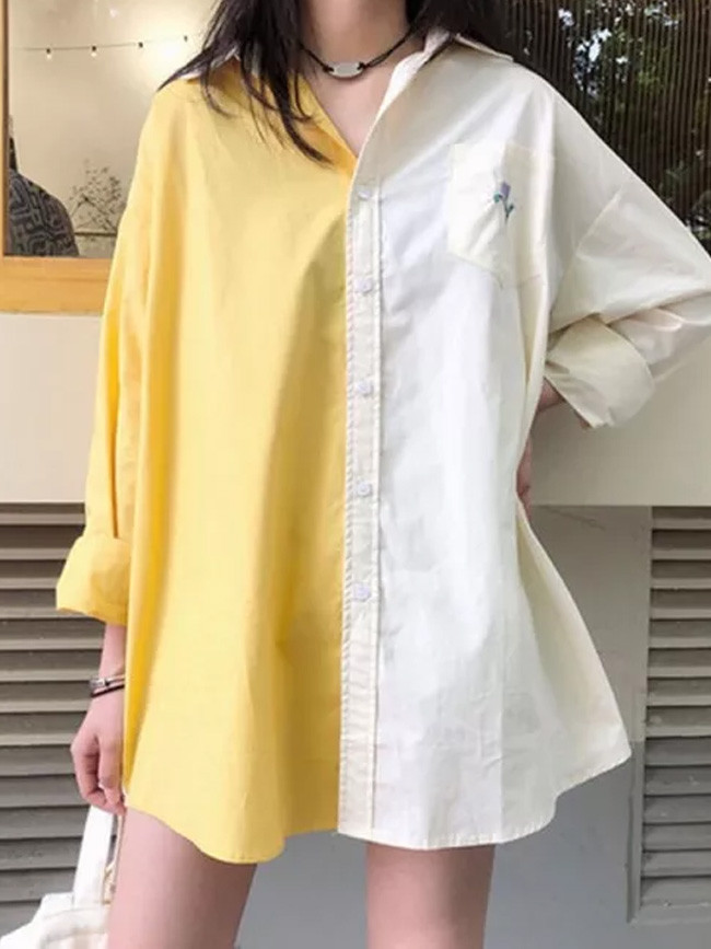 Loose Embroidery Patchwork Design Turn-down Collar Long Tops Cotton Female Blouses