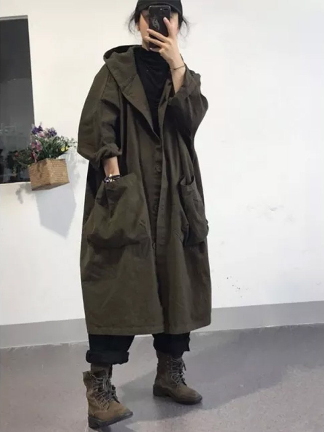 Loose Hooded Trench Coat All-matched Casual Single Breasted Long Trench Coat