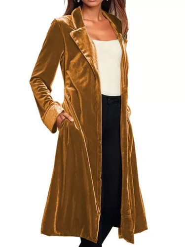 Casual Long Coat Cardigan Long Sleeve Gold Velvet Coat