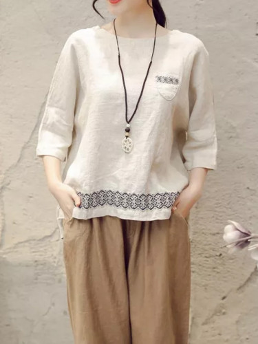 Women Half Sleeve Loose Vintage Embroidery Cotton Linen Shirts