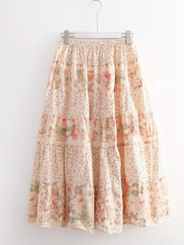Vintage Patchwork  Bust Skirt Female Lace A-line Skirt Cotton Skirt