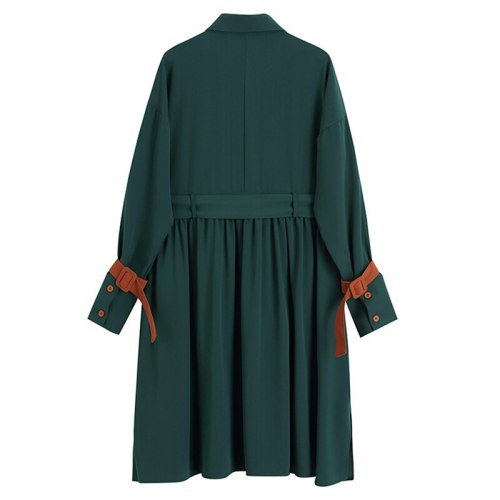 Women Green Pleated Split Big Size Shirt Dress Lapel Long Sleeve