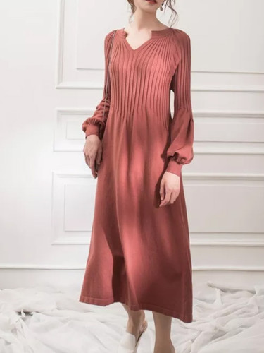 2020 autumn winter  knitting dress v-neck solid color Retro french girl chic dress