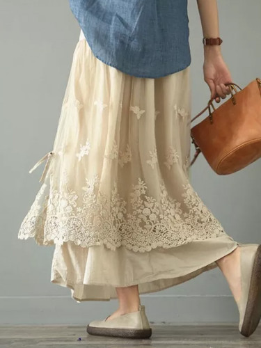 Yarn Skirt Long Skirt Retro Double Mesh Yarn Loose Embroidery A-Line skirt